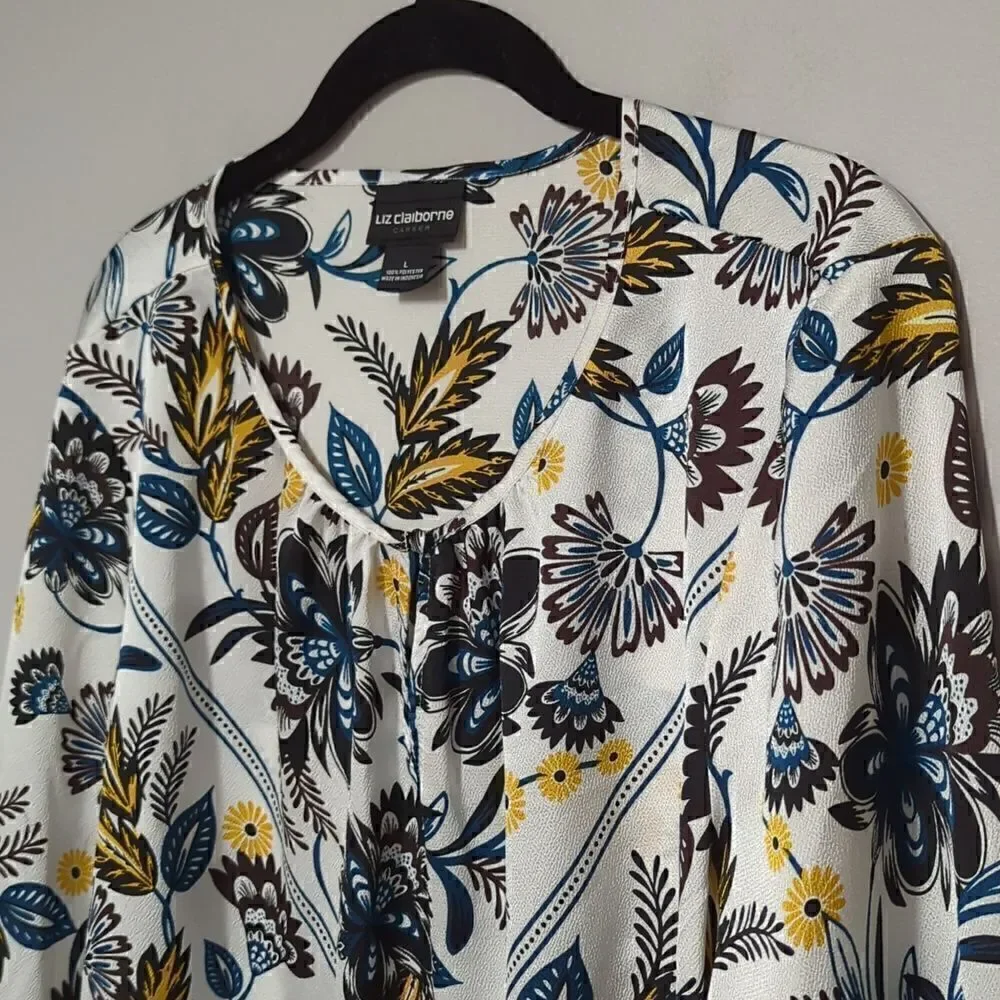 NWT Liz Claiborne White Floral Long Sleeve Blouse - Picture 2 of 7
